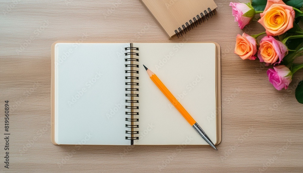 Notebook and Pencil: Overhead Shot on Wooden Tabletop Notebook and Pencil: Overhead Shot on Wooden Tabletop