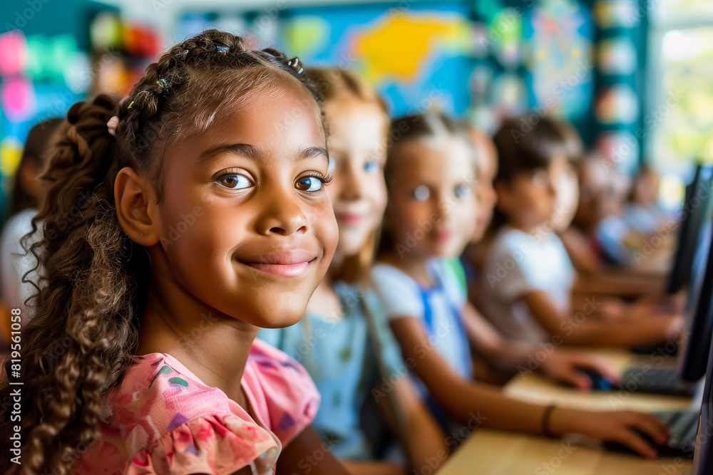 Group of cheerful, diverse children in an elementary school classroom, learning together on computers and enjoying their time at school. Group of cheerful, diverse children in an elementary school classroom, learning together on computers and enjoying their time at school.