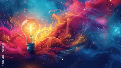 Colorful abstract art. Illuminated bulb amidst vibrant spheres