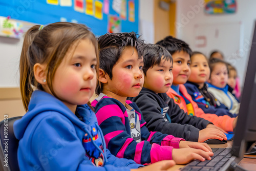 Group of diverse children in a colorful classroom setting, using computers for educational purposes and learning together with focus and teamwork.