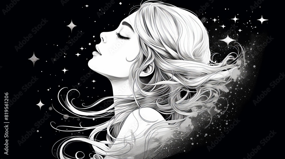 Elegant black and white digital art of a woman with flowing hair ...