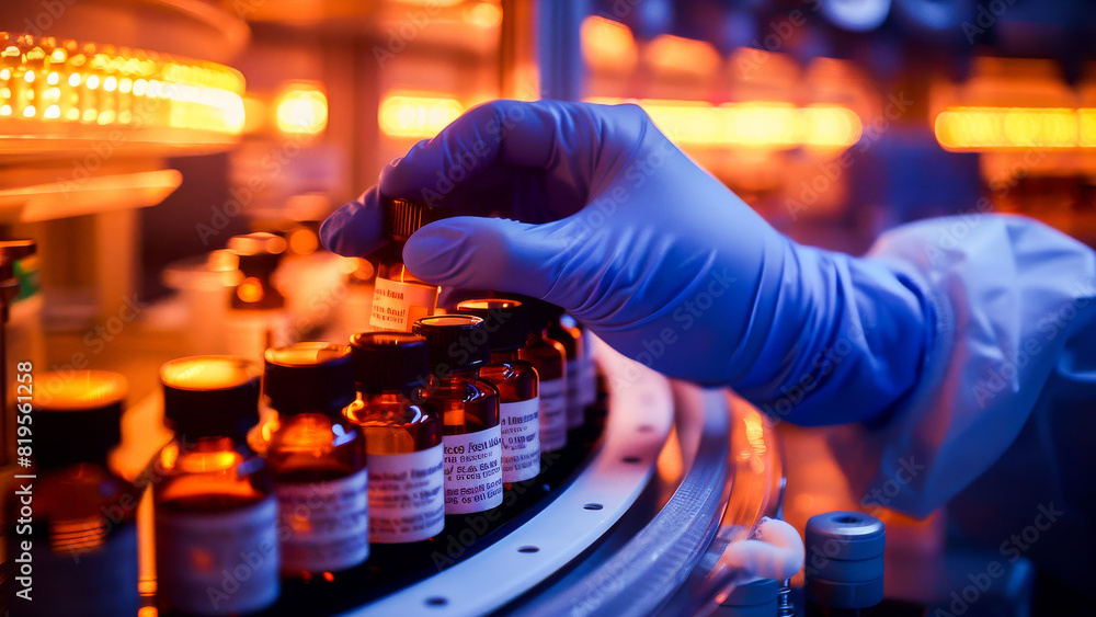 A scientist wearing a protective blue glove carefully handles chemical vials in a modern and well-lit laboratory. A scientist wearing a protective blue glove carefully handles chemical vials in a modern and well-lit laboratory.