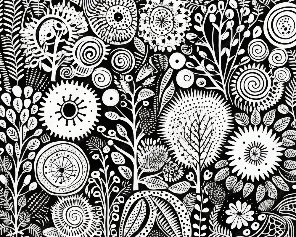 Intricate black and white floral pattern with various abstract shapes, flowers, and leaves. Detailed design perfect for backgrounds or textiles.