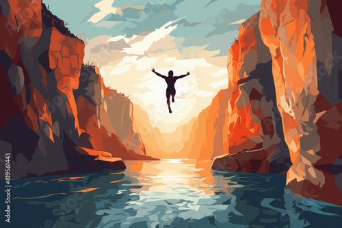 Man jumps into water between towering red cliffs, encapsulating adventure, freedom, and natural beauty in stunning digital artwork.