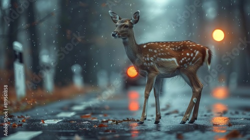 A deer stands in the middle of an empty road at night. It is raining and the streetlights are reflecting in the puddles. The deer is looking at the camera.