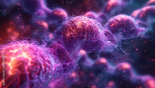 An of a neuron. The neuron is surrounded by synapses, which are the connections between neurons. The synapses are glowing, which indicates that they are active.