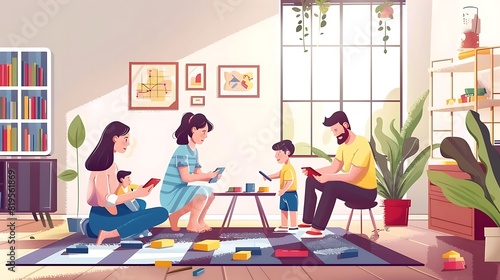 Fun Family Time: Mom and Dad Engaging in Educational Games with Kids in Playful Living Room
