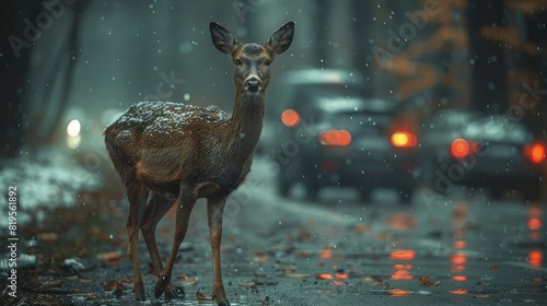 A deer stands in the middle of a road at night, illuminated by the headlights of an approaching car