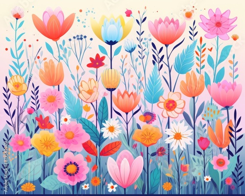 Colorful illustration of various vibrant flowers in full bloom  perfect for spring and summer themes.