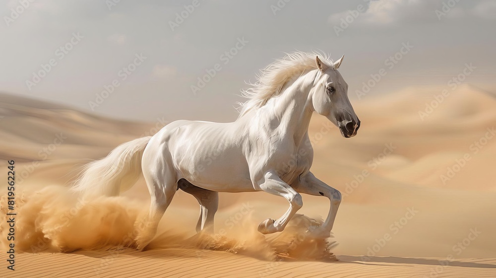A beautiful white horse is running through the desert A beautiful white horse is running through the desert
