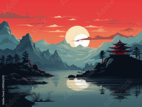 Serene mountain landscape with a traditional pagoda by a calm lake at sunset  red sky  and peaceful ambiance. Perfect for nature enthusiasts.