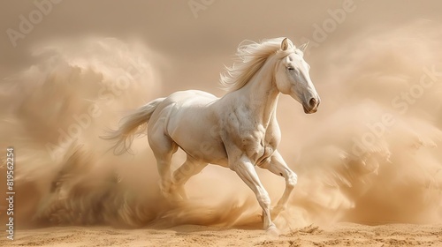 A wild white horse runs through the desert, its mane and tail flying in the wind. The sand swirls around it as it gallops towards the horizon. photo