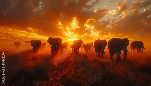 A beautiful sepia toned photograph of a herd of elephants walking across the savanna at sunset photo