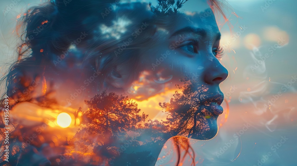 Portrait of a woman's face combined with a sunset. Portrait of a woman's face combined with a sunset.