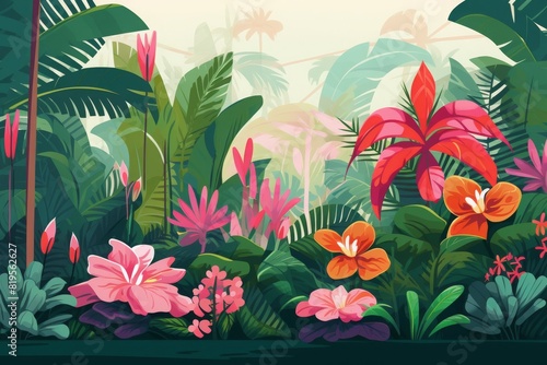 Vibrant tropical jungle foliage with colorful flowers and lush greenery in a serene natural setting.