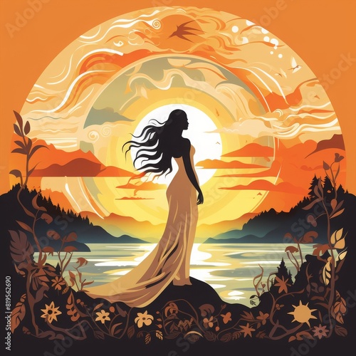 Woman silhouette in a flowing dress standing by a lake against sunset with artistic landscape background © Jeannaa