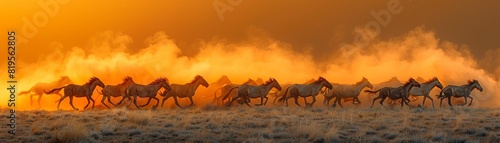 Wild horses running free in the open field at sunset