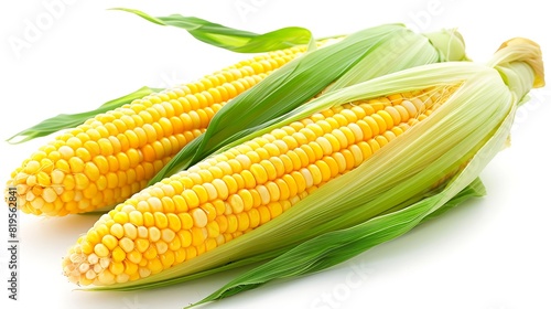  A close-up of two ears of corn with green leaves. The corn appears to be fresh and ready to be eaten.