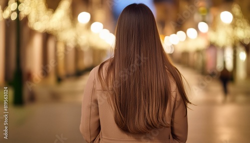 person standing in front of an wall, woman looking out the window, person on the roof of the house, illustration of back view of unrecognizable female with long brown hair standing near illuminated wa