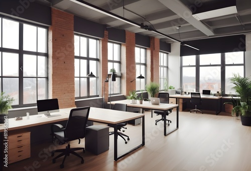 Perspective view on stylish workspace table with modern computers on glossy ceramic tiles floor in coworking office with light wall background and city view from big windows Mockup Frame. 3D rendering
