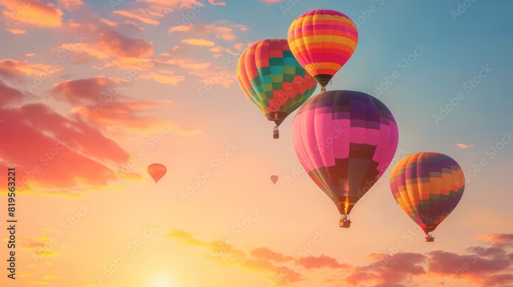 Fototapeta premium Sunset Hot Air Balloon Flight Over Scenic Landscape