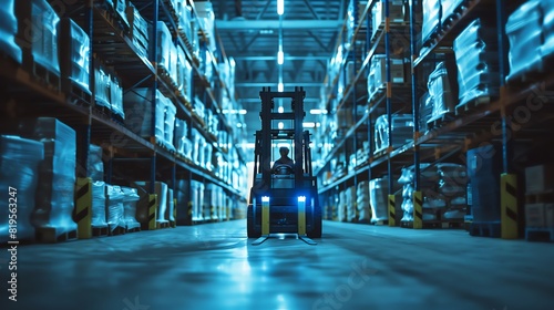 A forklift in a dimly lit warehouse. The forklift is blue and the warehouse is dark. photo