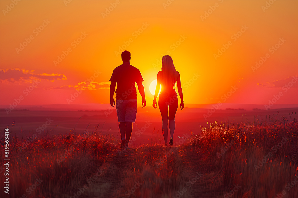 Couple walking at sunset in a field