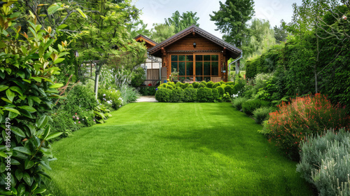 Wooden house with a large yard with green trimmed lawn © Aleksandr Bryliaev