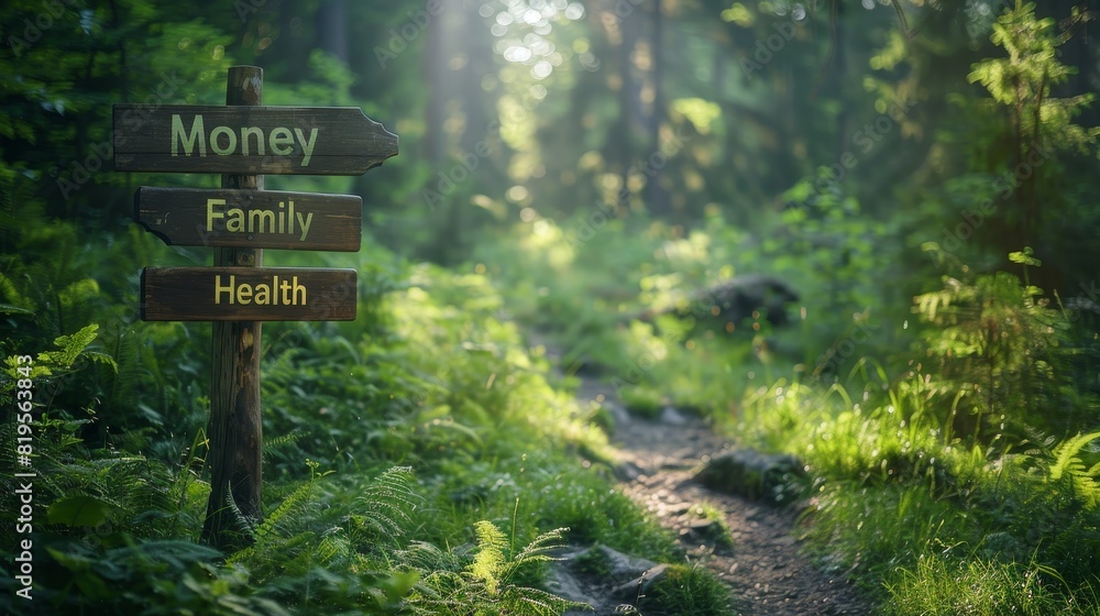 Blank wooden signpost with directions to money, family and health along a green forest path Blank wooden signpost with directions to money, family and health along a green forest path