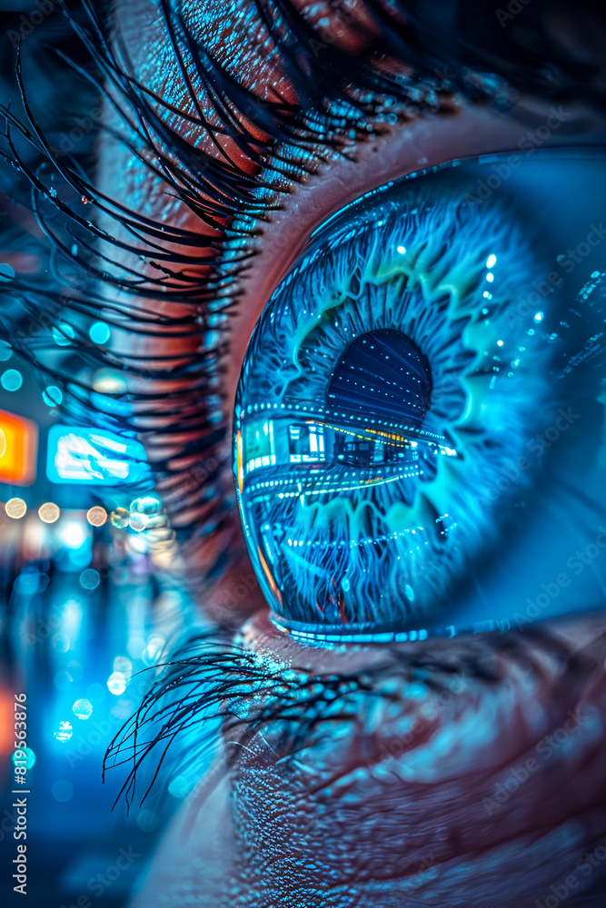 Close-up of eye reflecting city lights Close-up of eye reflecting city lights