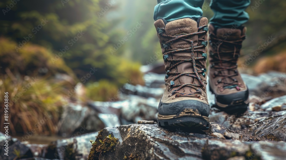 Closeup of hiker's boots on a rocky mountain trail in the forest during summer Closeup of hiker's boots on a rocky mountain trail in the forest during summer