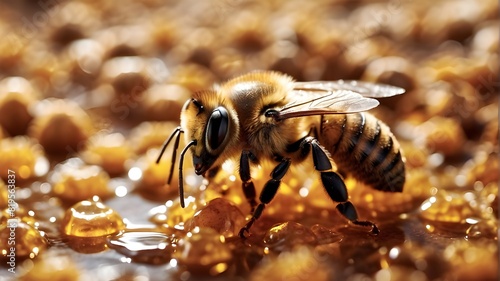 A close-up shows bees at work on honey cells © Jawad
