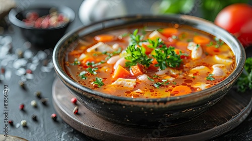 Illustrate the simplicity and elegance of a bowl of minestrone against a rustic backdrop