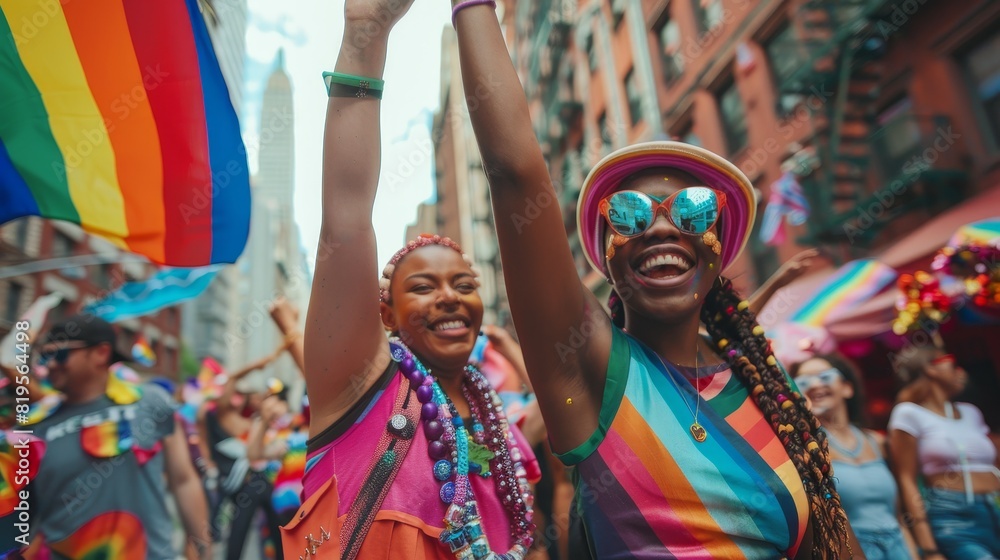 Fototapeta premium A joyful LGBTQ+ couple holding hands at a Pride parade.