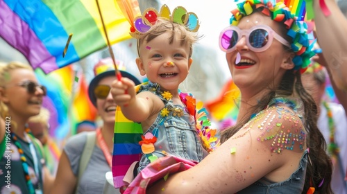 A family with a young child celebrating at a Pride festival.