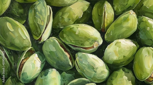 Illustrate the vibrant green color and unique texture of pistachio shells in your artwork