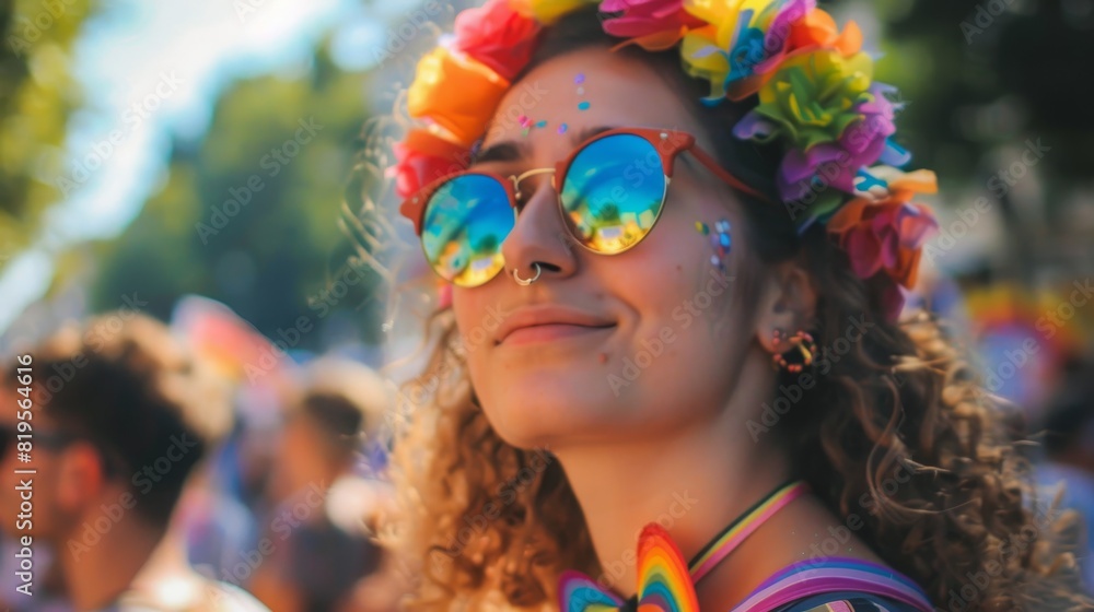 A pansexual individual wearing pride accessories at a community event. A pansexual individual wearing pride accessories at a community event.