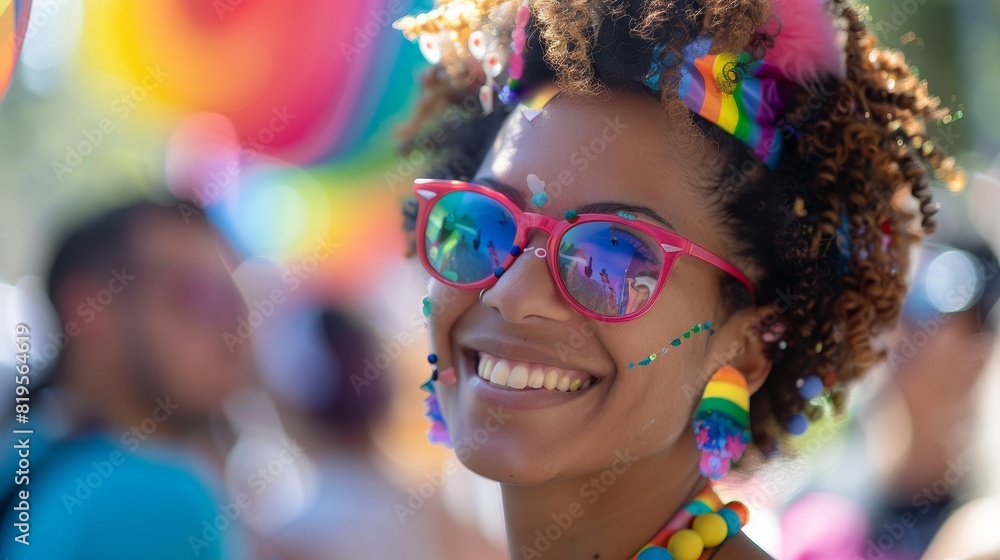 A pansexual individual wearing pride accessories at a community event. A pansexual individual wearing pride accessories at a community event.