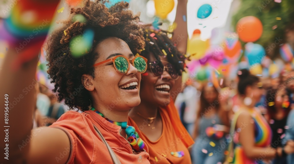 A queer couple dancing together at a Pride celebration. A queer couple dancing together at a Pride celebration.