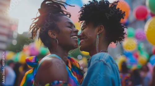 A queer couple dancing together at a Pride celebration.