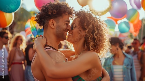 A queer couple dancing together at a Pride celebration.
