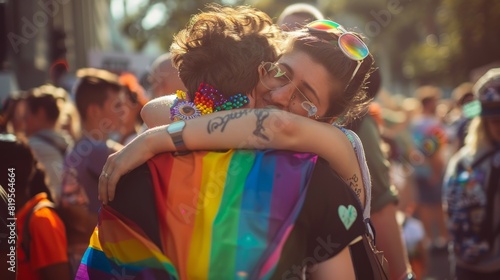 A supportive family hugging their non-binary child at an LGBTQ+ rally. © Nicky