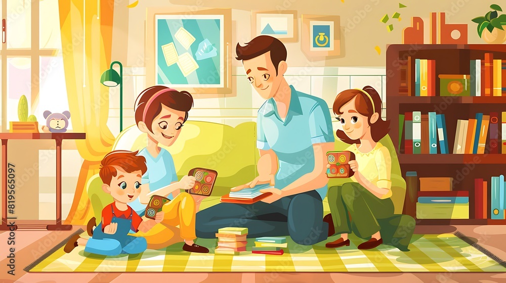 Fototapeta premium Happy Family Time - Parents Engaging Kids in Fun Educational Games in Cartoon Decorated Living Room at Noon
