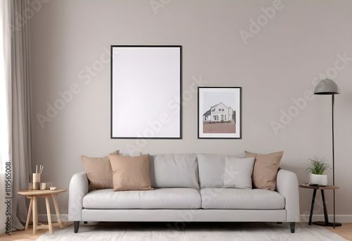 Frame mockup ISO A paper size. Living room wall poster mockup design. Interior mockup with house background. Modern interior design. 3D render