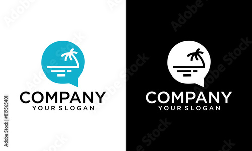 Creative Beach with chat and talk logo design, vector graphic symbol icon sign illustration. Premium vector