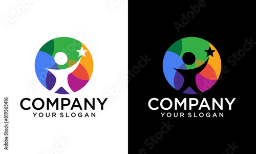 Creative circle logo happy little boy. Child vector logo with Star on hand. Creative child icon, healthy and smart child logo.