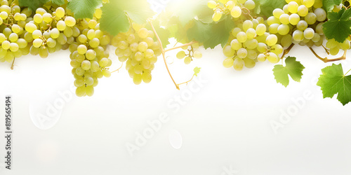 Stunning view of green seedless grapes with vine and leaves, bathed in sunlight on a spotless white background.






 photo