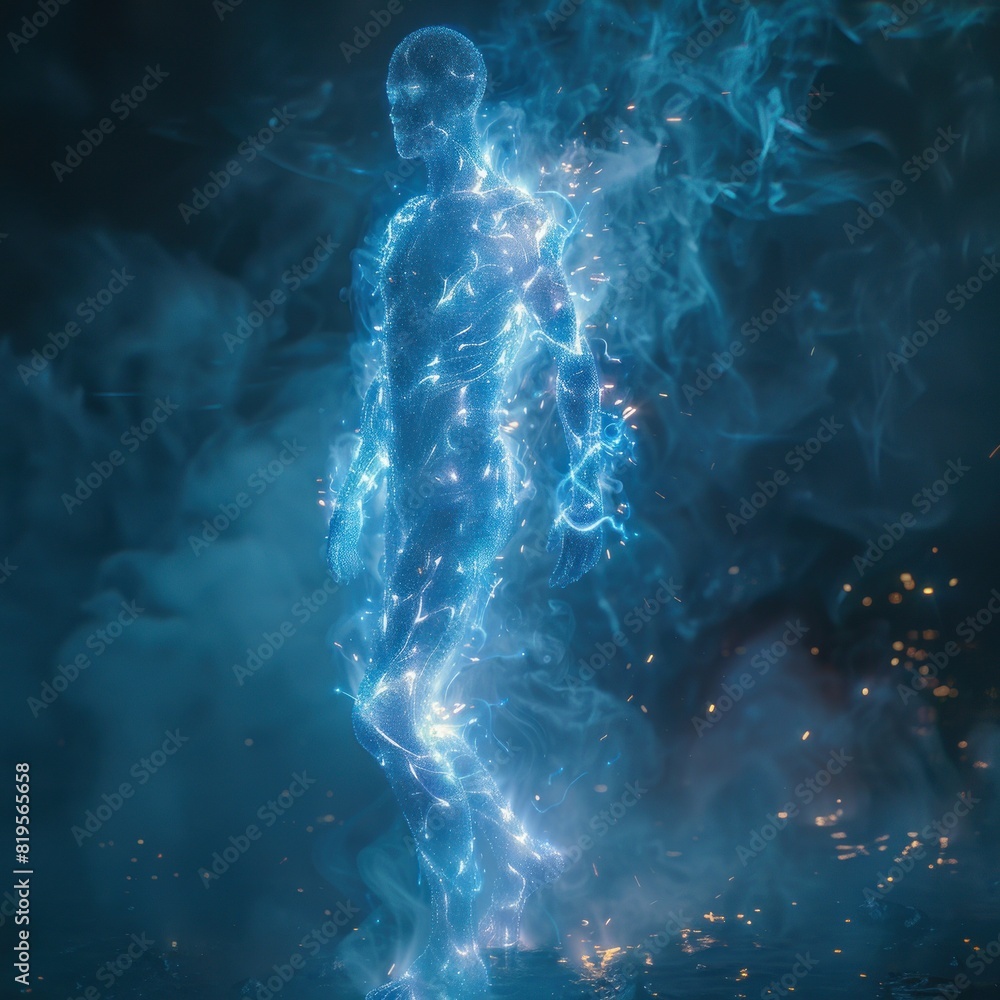 Glowing blue hologram of the outline and shape of an adult human figure floating in space on a dark background. The light is very subtle and soft, creating an ethereal effect. Glowing blue hologram of the outline and shape of an adult human figure floating in space on a dark background. The light is very subtle and soft, creating an ethereal effect.