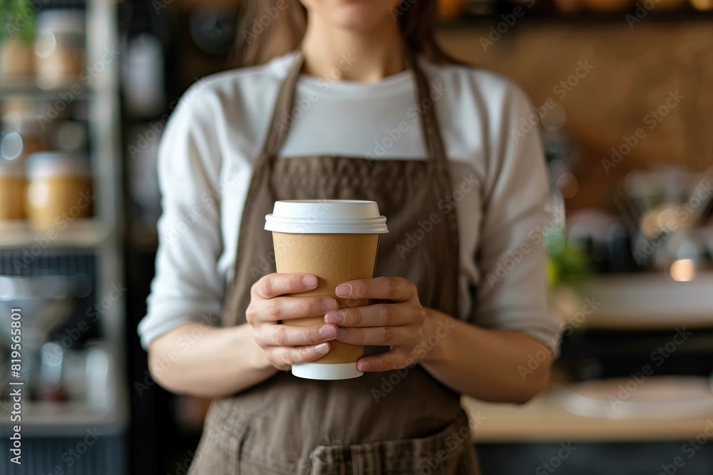 waitress holding and serving a paper cup of hot coffee waitress holding and serving a paper cup of hot coffee