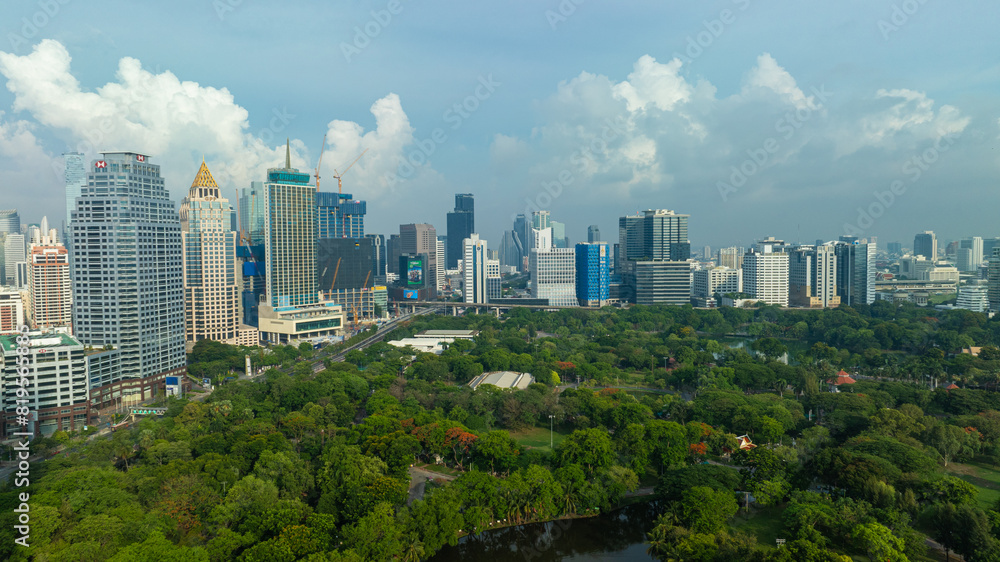 Obraz premium Aerial view city office building with green public park